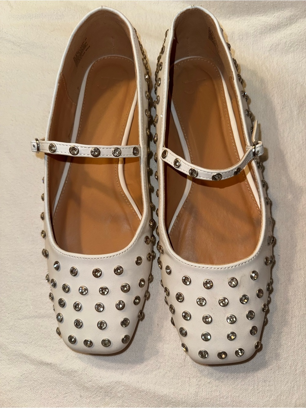 JF Ellidy Women’s 8.5 White Rhinestone Mary Jane Ballet Flats Square Toe